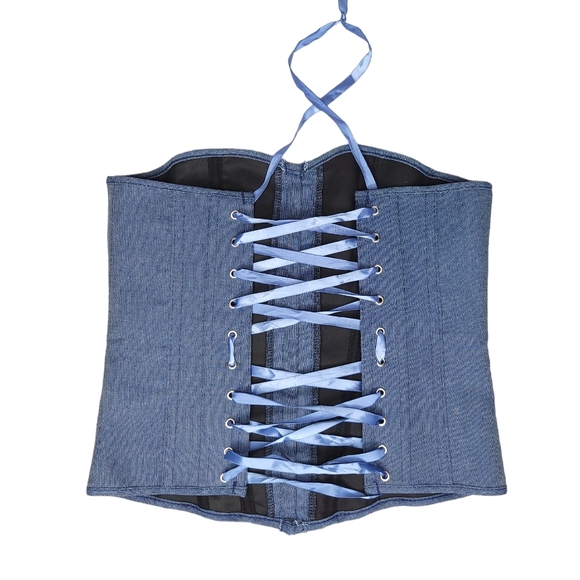 *** SOLD *** Corset in Dark Blue w Boning and Satin Lace-up Back XS - M - Picture 4 of 13